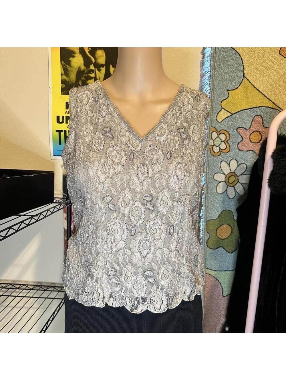 Y2K Silver Beaded Lace Tank Top